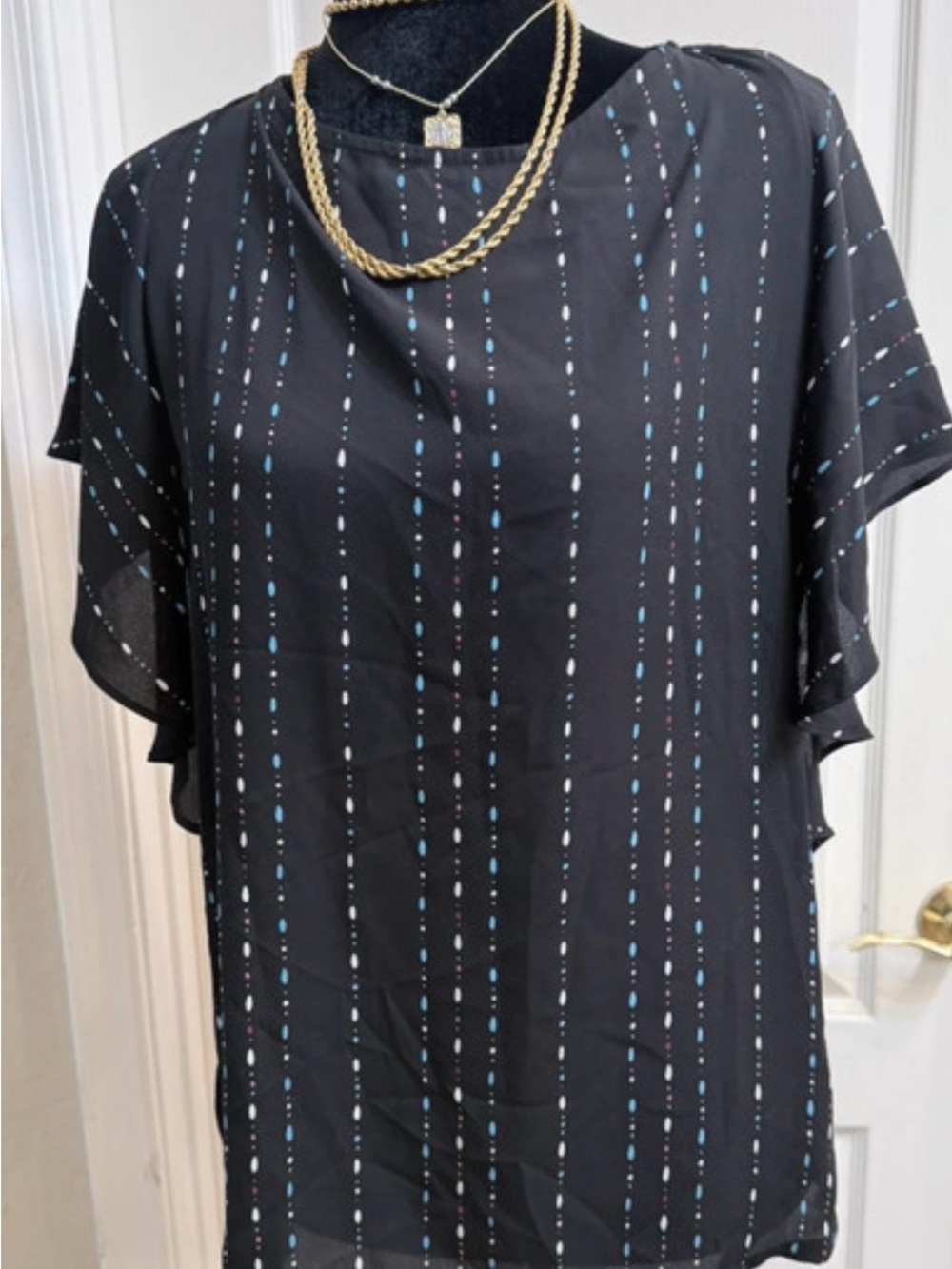 LOFT Black Printed Flutter Sleeve Tie Back Blouse with Blue & White Dot Stripe
